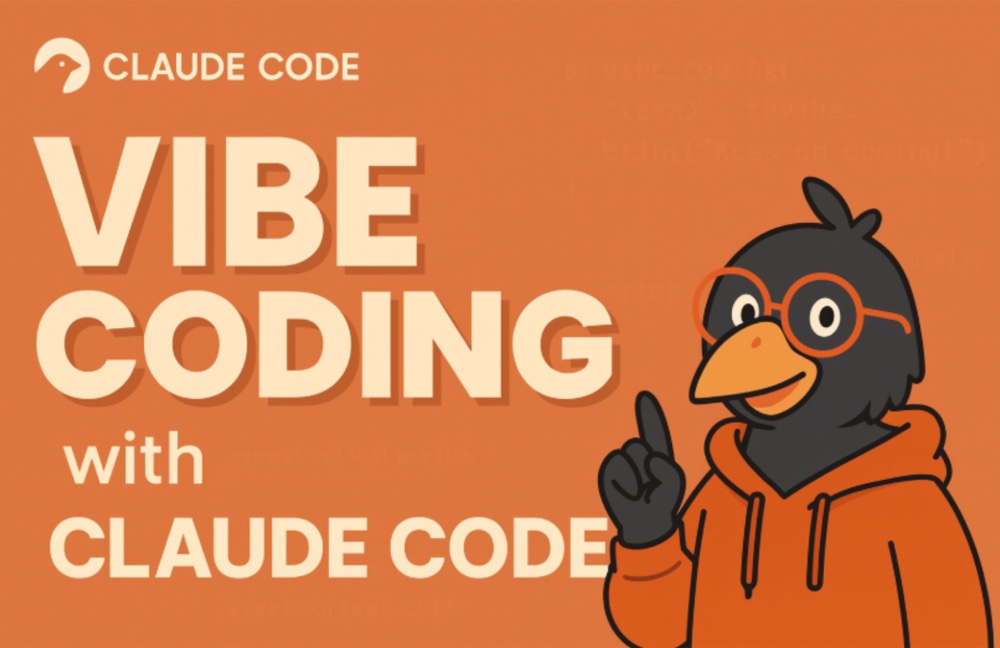 바이브 코딩 With Claude Code 강의 썸네일 — 주황 배경의 개발까마귀 캐릭터